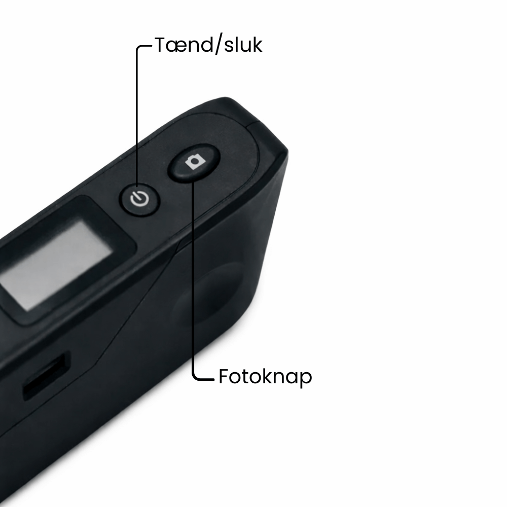 Kamera uden skærm fra Moment med tænd/sluk og fotoknap funktioner vist fra oven.