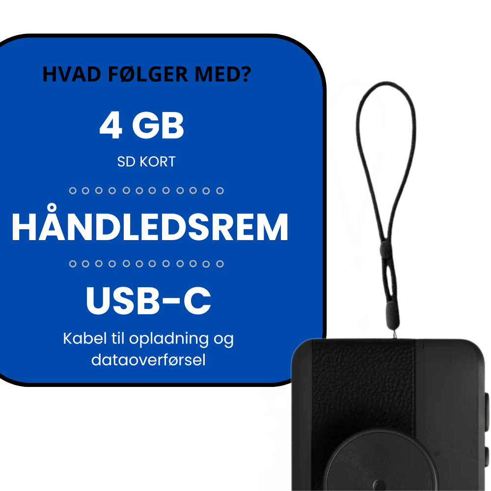Kamera uden skærm Moment tilbehør: 4 GB SD kort, håndledsrem, USB-C kabel til opladning og dataoverførsel